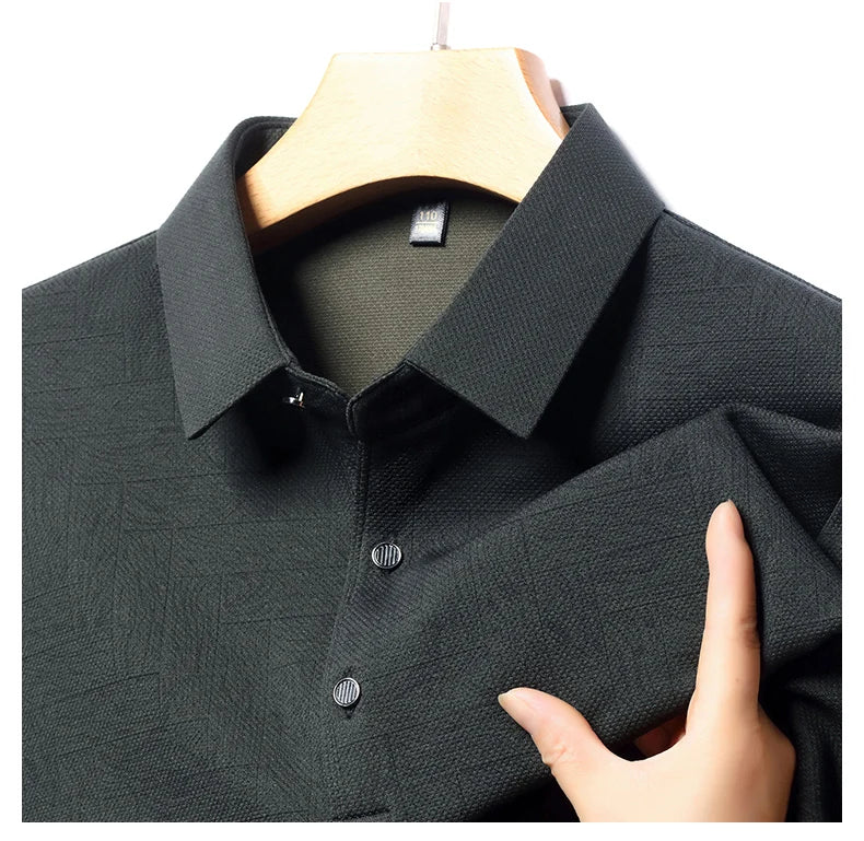 Men's Polo Shirt Hollow Printing Lapel Long-sleeved Business Fashion Male T-Shirt Golf Bottoming Shirt Top