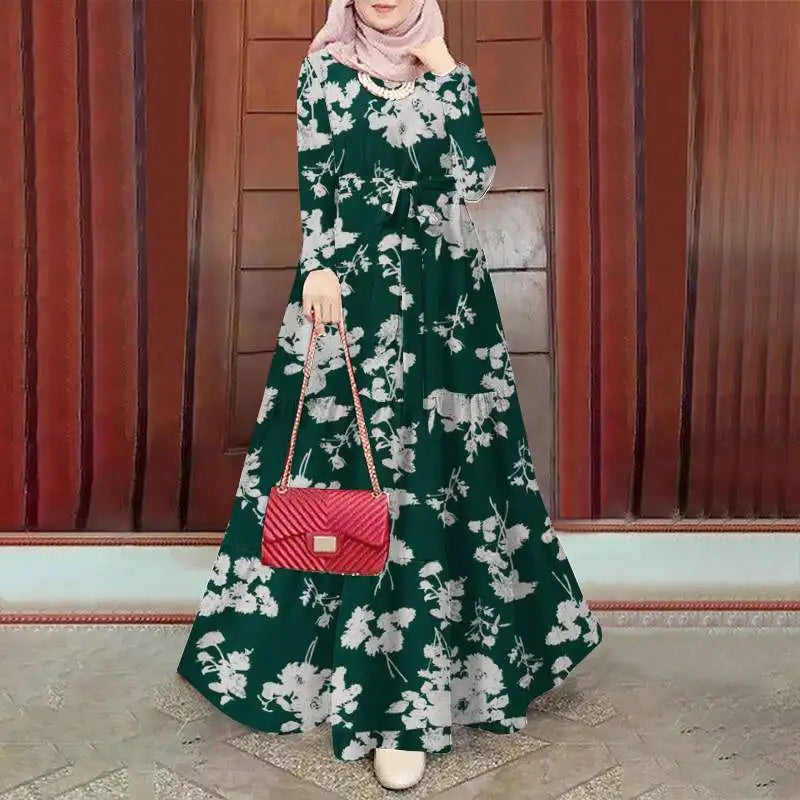 Women Muslim Abaya Long Dress ZANZEA Vintage Long Sleeve Floral Printed Sundress Marocain Eid Mubarek Ramadan Turkey Vestido