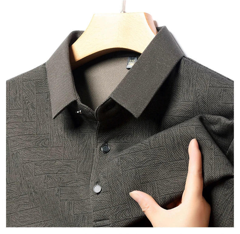 Men's Polo Shirt Hollow Printing Lapel Long-sleeved Business Fashion Male T-Shirt Golf Bottoming Shirt Top