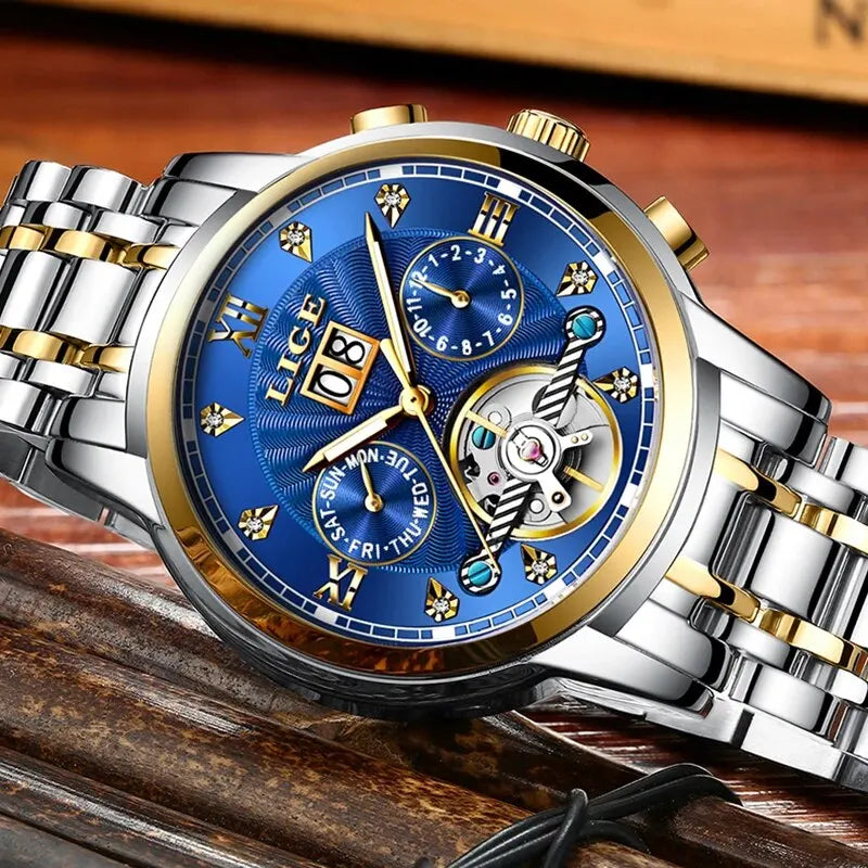 LIGE 2024 Top Brand Luxury Tourbillon Watch Men Fashion Sport Men's Mechanical Wristwatches Casual Waterproof Automatic Watch