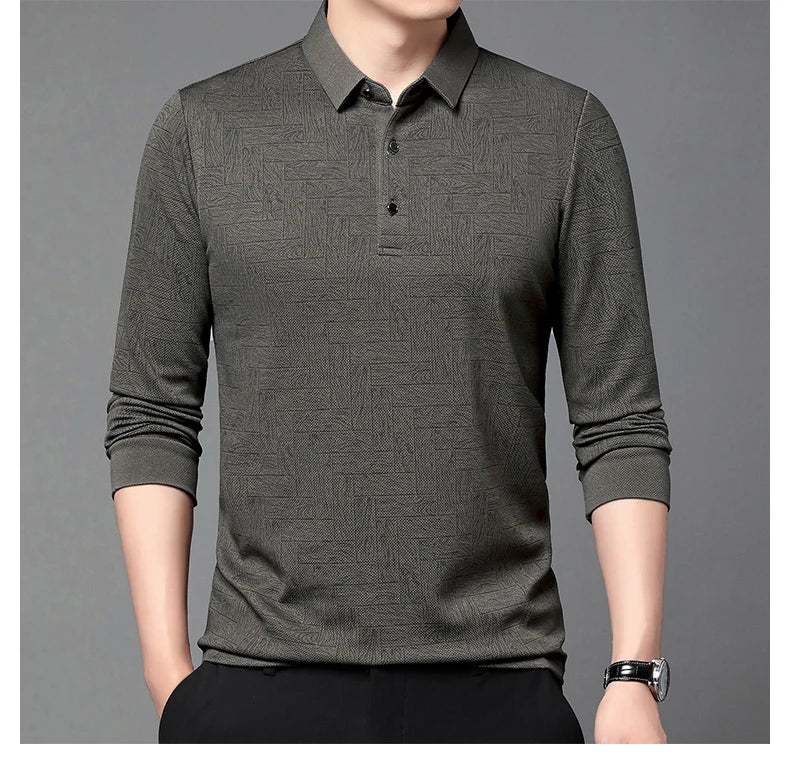 Men's Polo Shirt Hollow Printing Lapel Long-sleeved Business Fashion Male T-Shirt Golf Bottoming Shirt Top