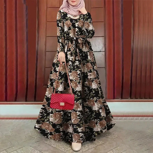 Long Gown Jalabiya Muslim & Arabic Women Dress, Boho Print Dress Long Sleeve Belted Kaftan Muslim