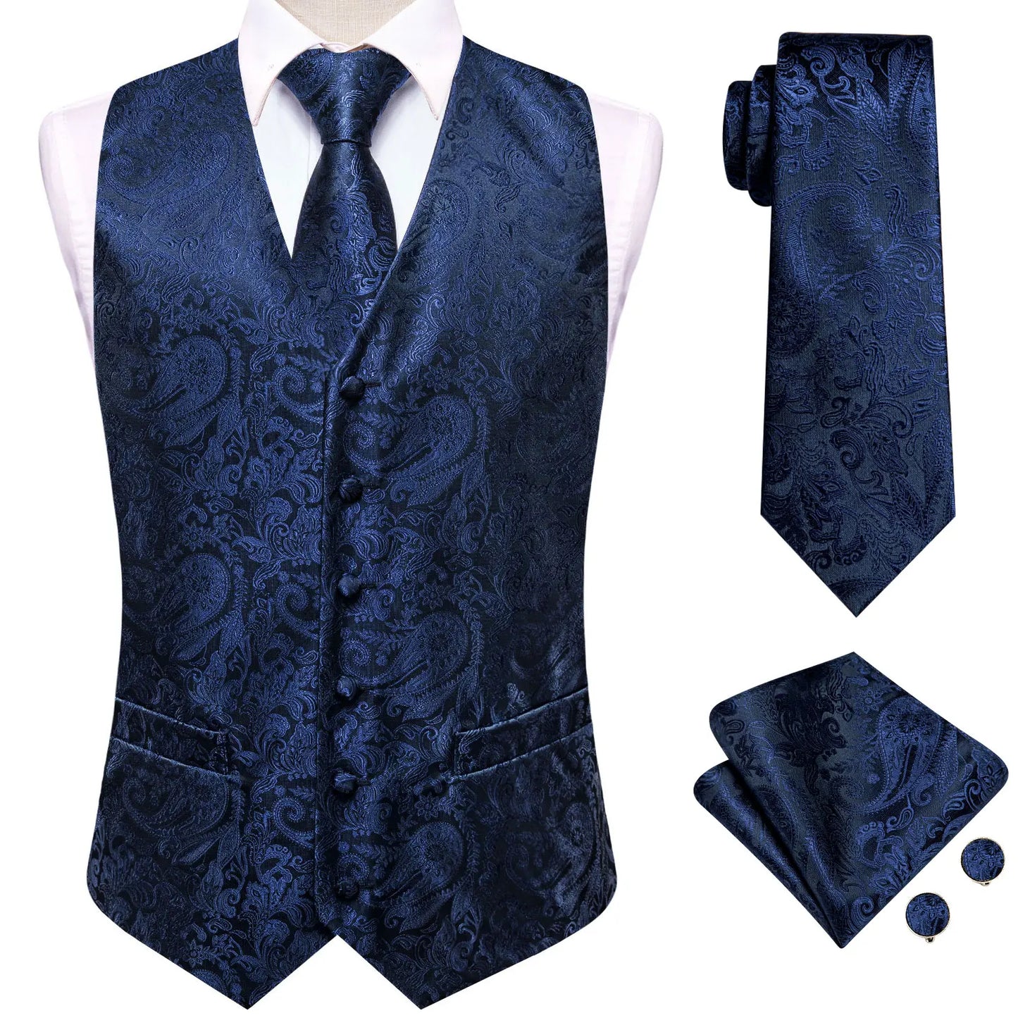 Men Suit Vest Hi-Tie Solid Voilet Lilac Silk 4PC Woven Waistcoat Tie Pocket Square Cufflink Business Wedding Dress Waist Jacket