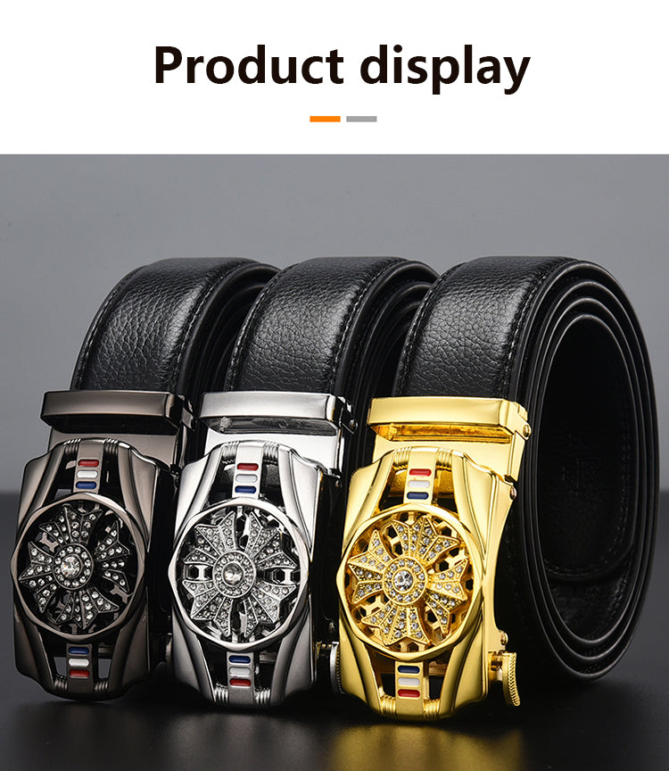 Men Genuine Leather Belt Metal Rotatable Buckle Adjustable Leather Belt