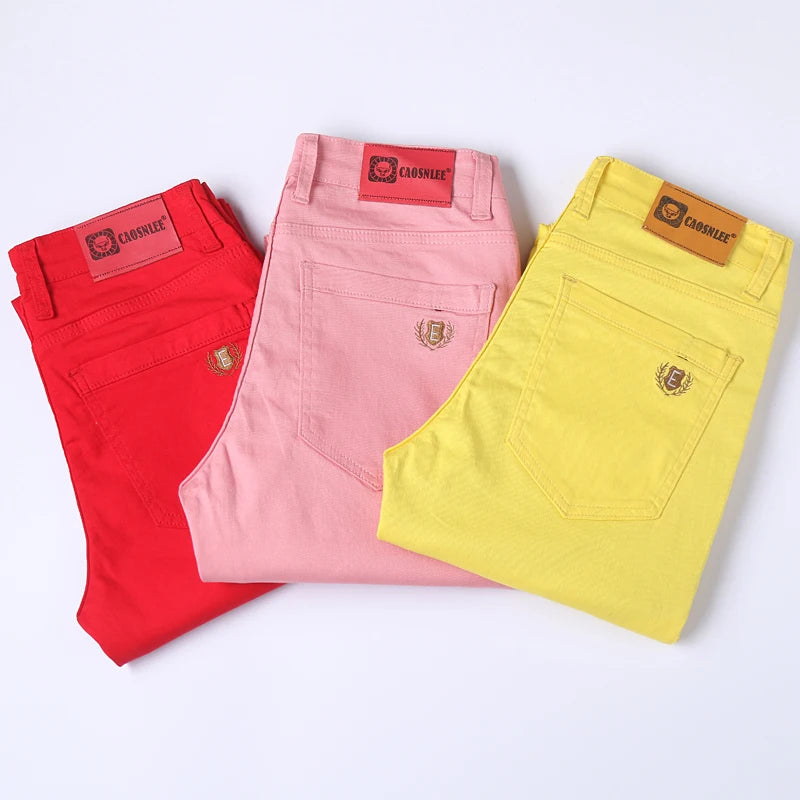 Men's Jeans Casual  Pant Stretch Skinny Jeans New Elastic Yellow Pink Red Slim Male Clothing Solid Color Simple Business Trousers