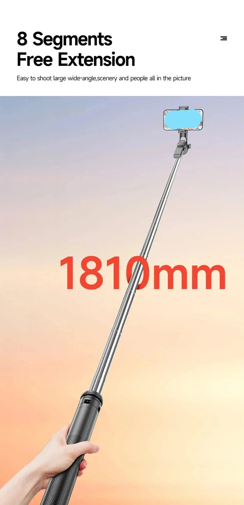 TOKQI Extendable Tripod with Bluetooth Remote showing 8-segment, 1810mm extension for smartphone stability.