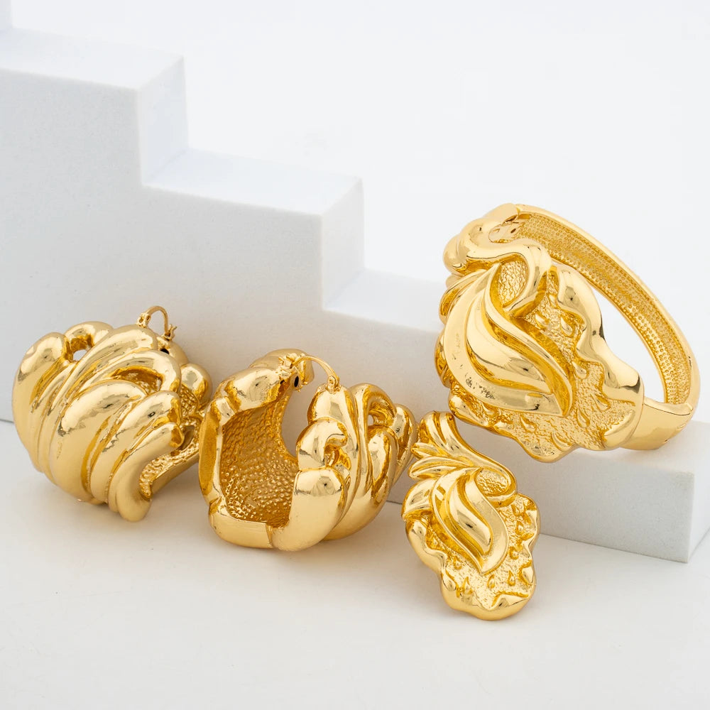 Golden Plated Dangle Earring and Bangle Ring Jewelry Set Bride Jewelry Set