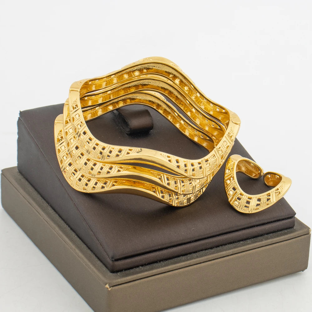 Gold Color Jewelry 3Pcs/lot Bangles with Ring Set Hand Bracelet Cocktail