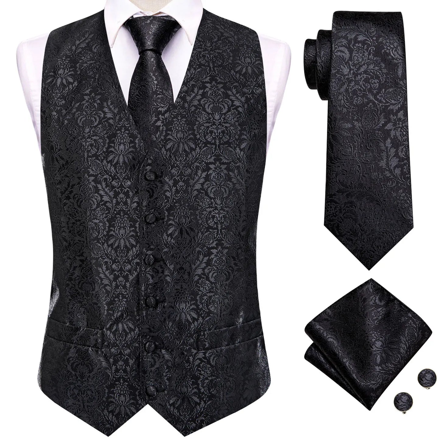 Men Suit Vests Hi-Tie Silk 4PC Woven Floral Black Waistcoat Tie Pocket Square Cufflink Business Wedding Dress Waist Jacket