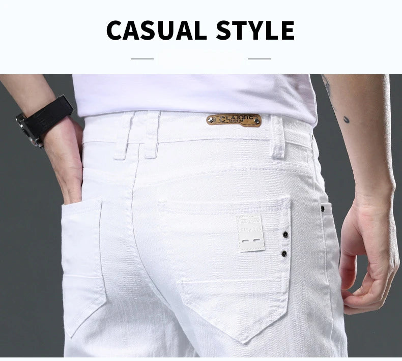 Men's Jean Slim Casual Jeans Pure White Stretch Straight Gentleman's Jeans Long Trousers Classic