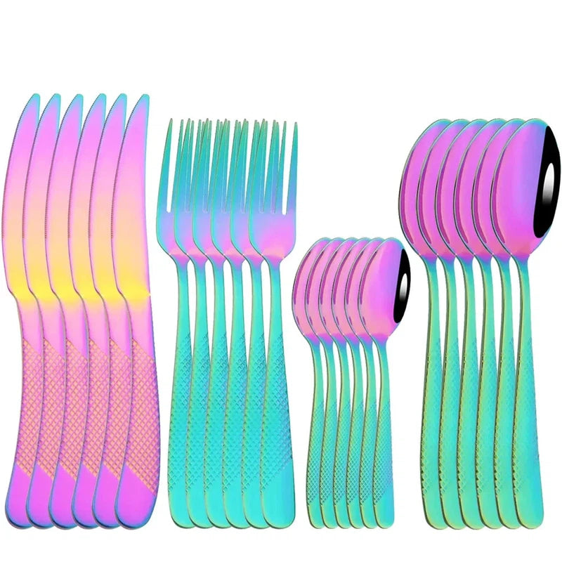 24-piece stainless steel tableware set with knives, forks, spoons in vibrant colors, mirror finish, dishwasher safe.