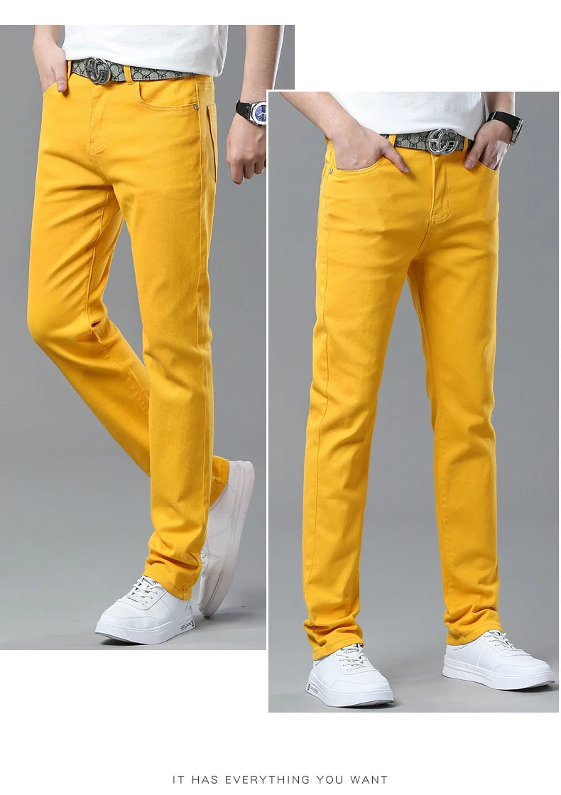 Men's Jeans Casual  Pant Stretch Skinny Jeans New Elastic Yellow Pink Red Slim Male Clothing Solid Color Simple Business Trousers