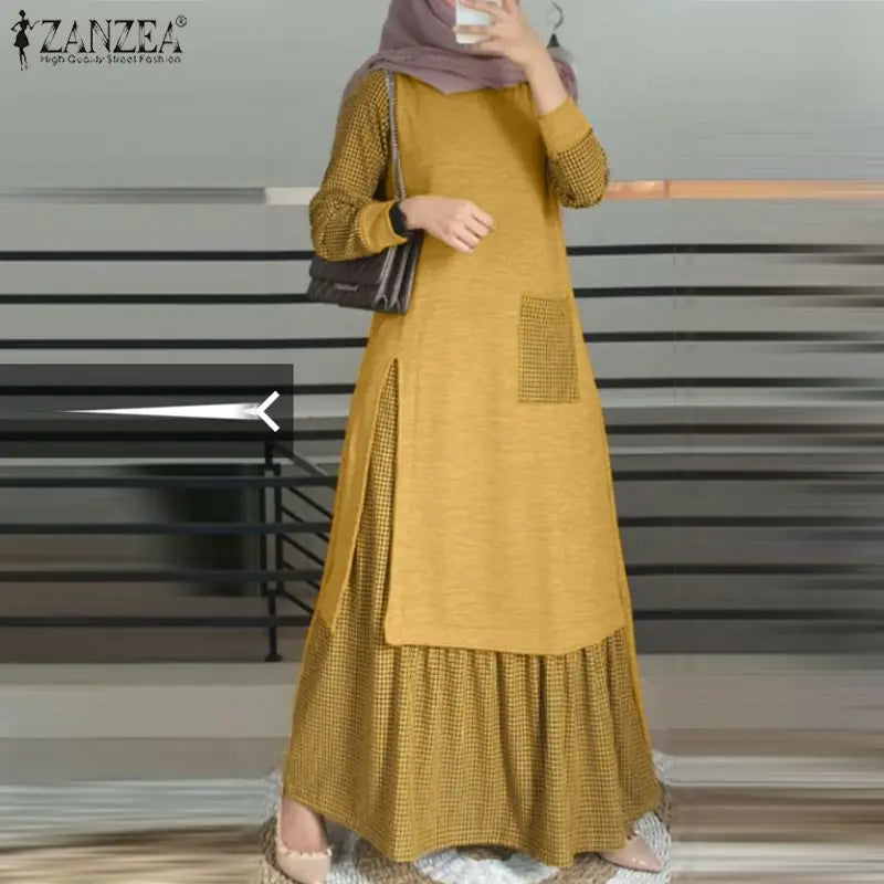 Abaya for Muslim Women Patchwork Long Sundress Robe ZANZEA Long Sleeve Vintage Muslim Plaid Dress