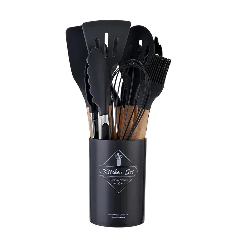 12-piece silicone kitchen utensil set with wooden handles in a storage bucket