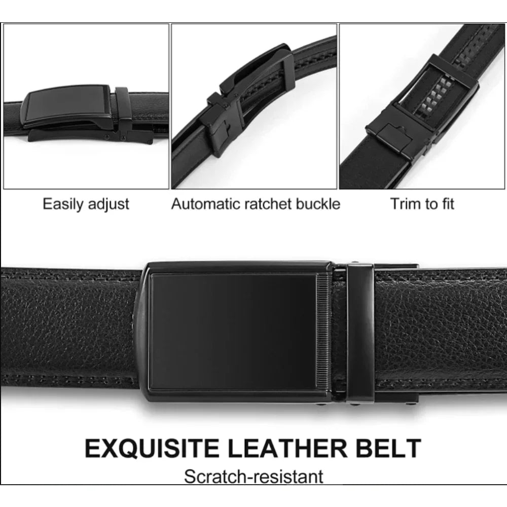 Men Genuine Leather Belt Metal Automatic Buckle Adjustment Adjustable Leather Belt