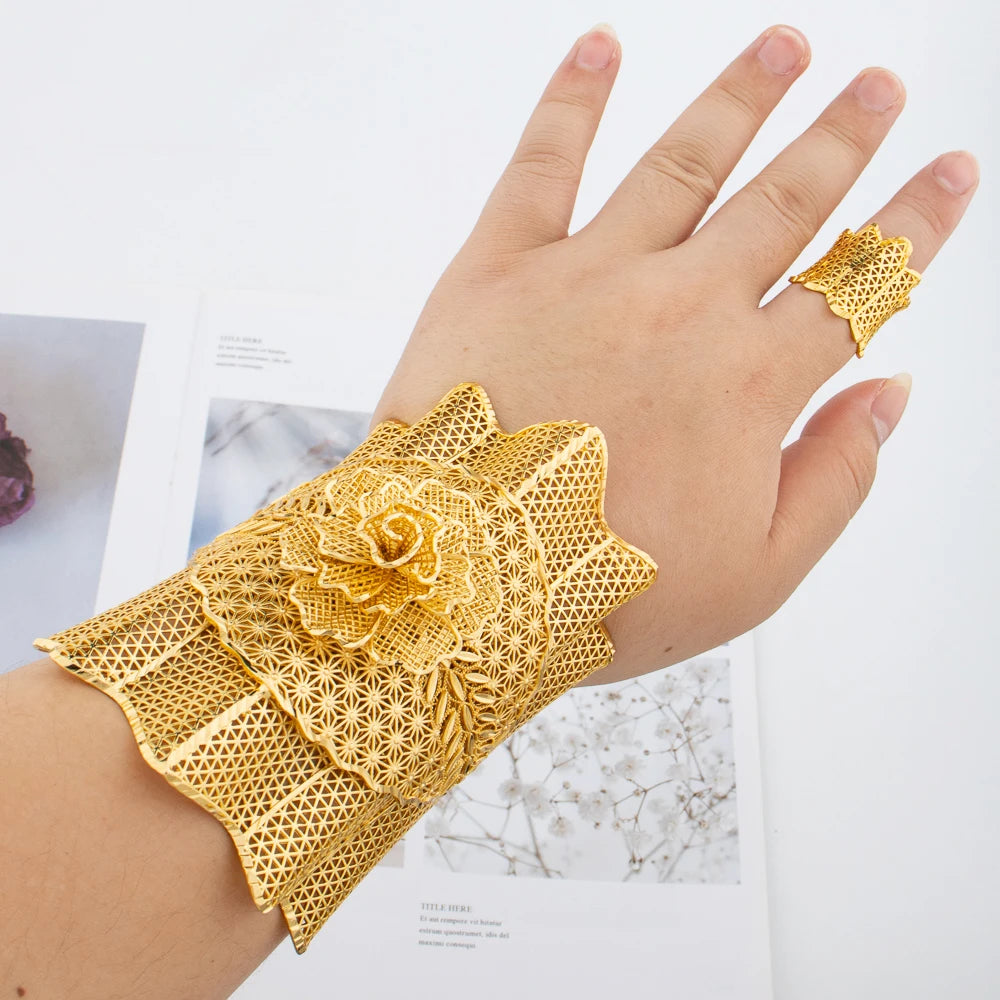 Gold Color Jewelry for Women Exaggerate Bangle Ring Set Cuff Bangle and Finger Ring Gift