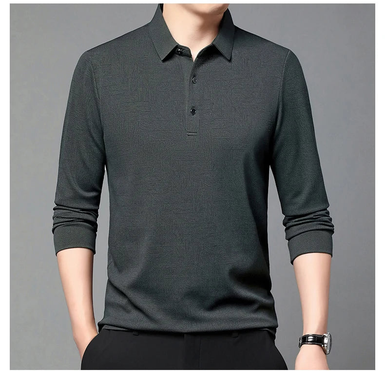 Men's Polo Shirt Hollow Printing Lapel Long-sleeved Business Fashion Male T-Shirt Golf Bottoming Shirt Top