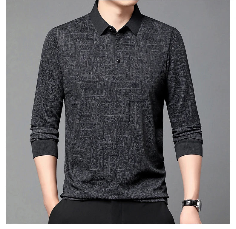 Men's Polo Shirt Hollow Printing Lapel Long-sleeved Business Fashion Male T-Shirt Golf Bottoming Shirt Top