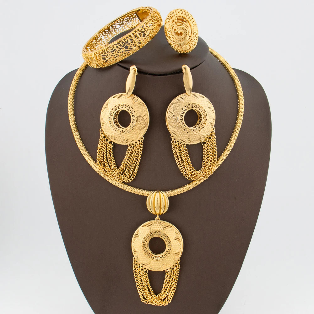 Gold Plated Jewelry Set for Women Dangle Earrings and Pendant Necklace with Bracelet Ring Set