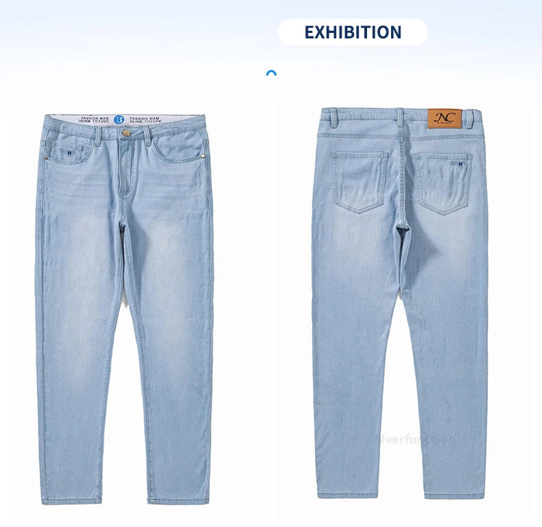 Men's Jean Pant Ultra-thin Light Blue Lyocell Fabric Breathable Loose Straight Business Casual Male Denim Trousers