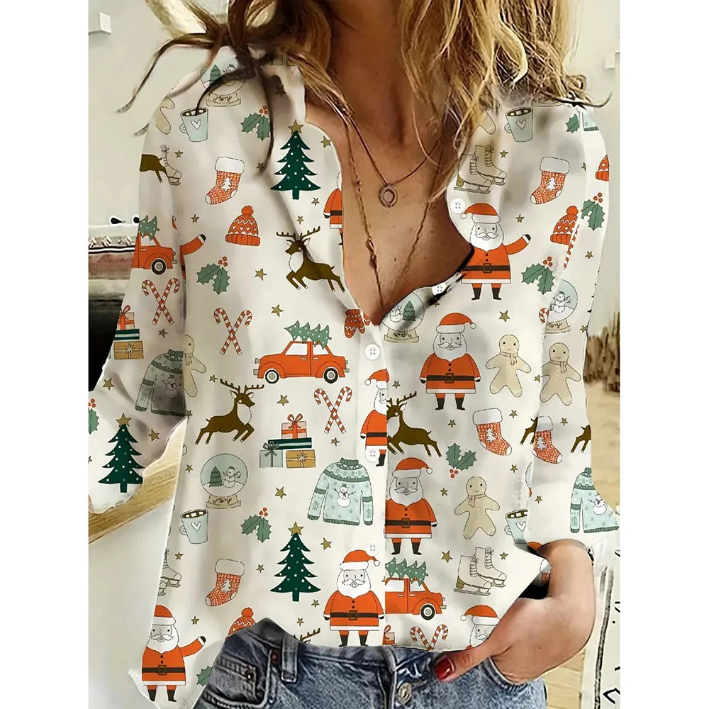 Spring Women's Long Sleeve Shirts Fashion Christmas Cartoon Print Single Breasted Shirts Popular Women's Casual Basic Tops