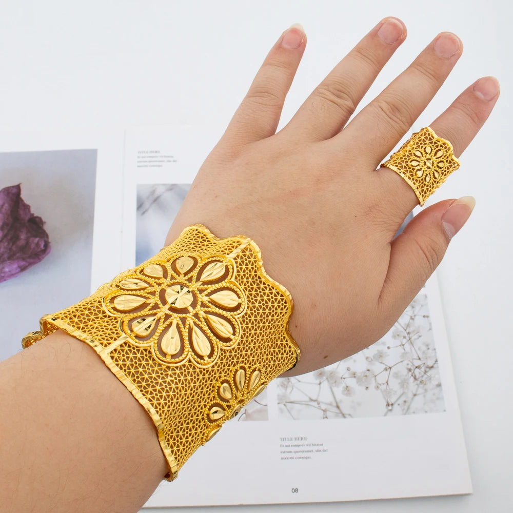 Gold Color Jewelry for Women Exaggerate Bangle Ring Set Cuff Bangle and Finger Ring Gift
