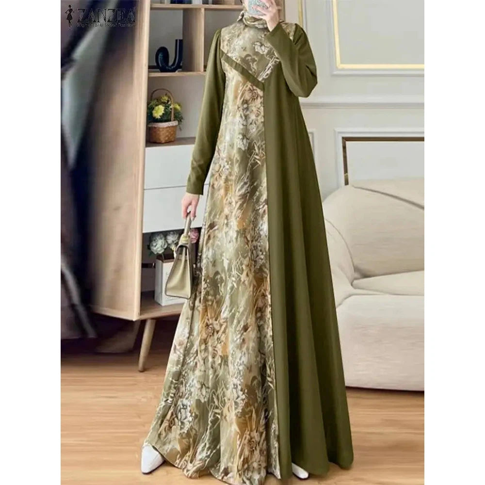 Abaya Muslim Fashion Long Sleeve O Neck Abaya Robes ZANZEA Women Elegant Floral Printed Patchwork Long Dresses