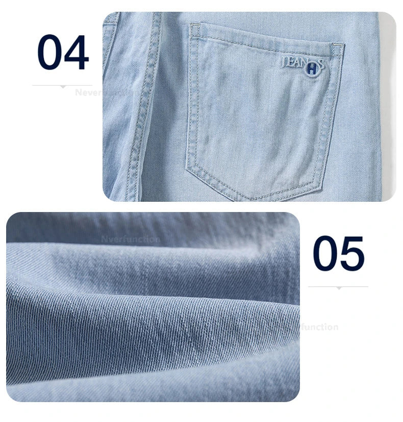 Men's Jean Pant Ultra-thin Light Blue Lyocell Fabric Breathable Loose Straight Business Casual Male Denim Trousers