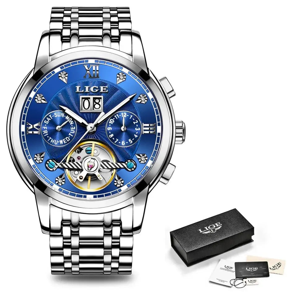 LIGE 2024 Top Brand Luxury Tourbillon Watch Men Fashion Sport Men's Mechanical Wristwatches Casual Waterproof Automatic Watch