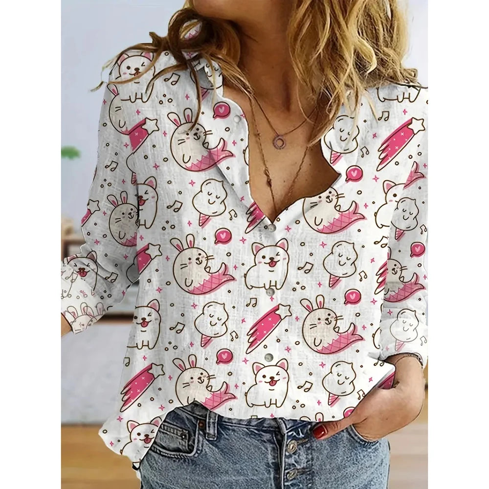 Spring Women's Long Sleeve Shirts Fashion Christmas Cartoon Print Single Breasted Shirts Popular Women's Casual Basic Tops