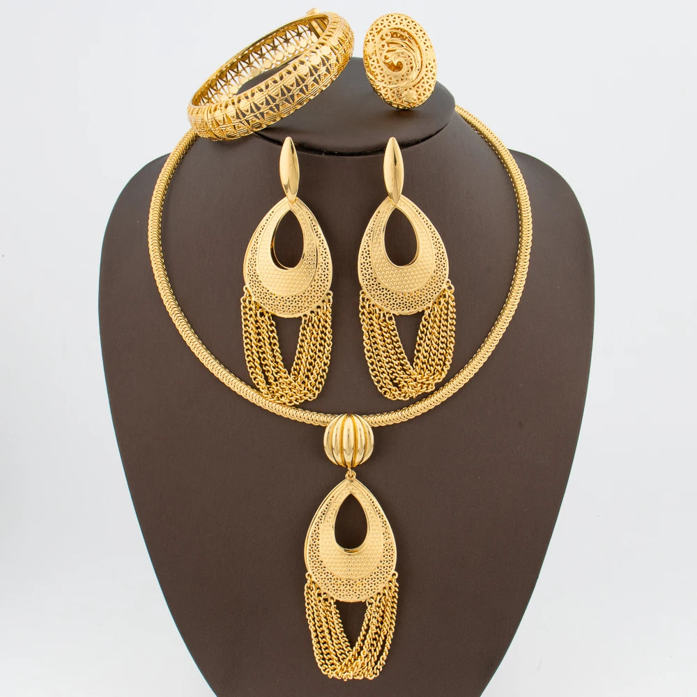 Gold Plated Jewelry Set for Women Dangle Earrings and Pendant Necklace with Bracelet Ring Set
