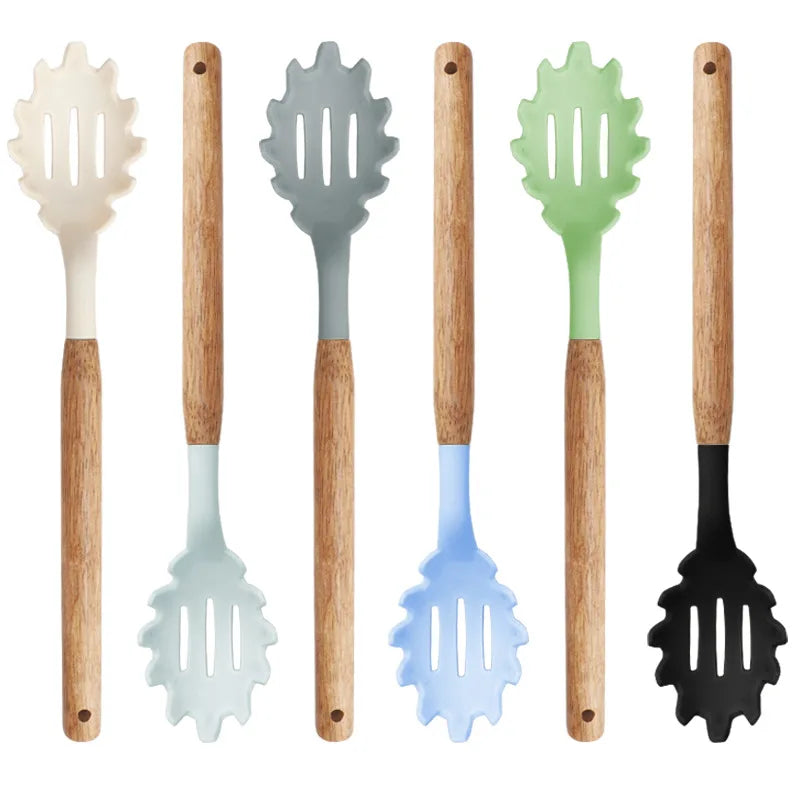 11Pcs silicone cooking utensils with wooden handles in various colors.