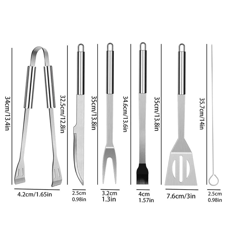 Stainless steel barbecue accessory set, 9-piece kit with tools for outdoor grilling, silver and black design, includes shovel, clip, fork, sign, knife, seasoning sweep, in an organized oxford fabric bag.