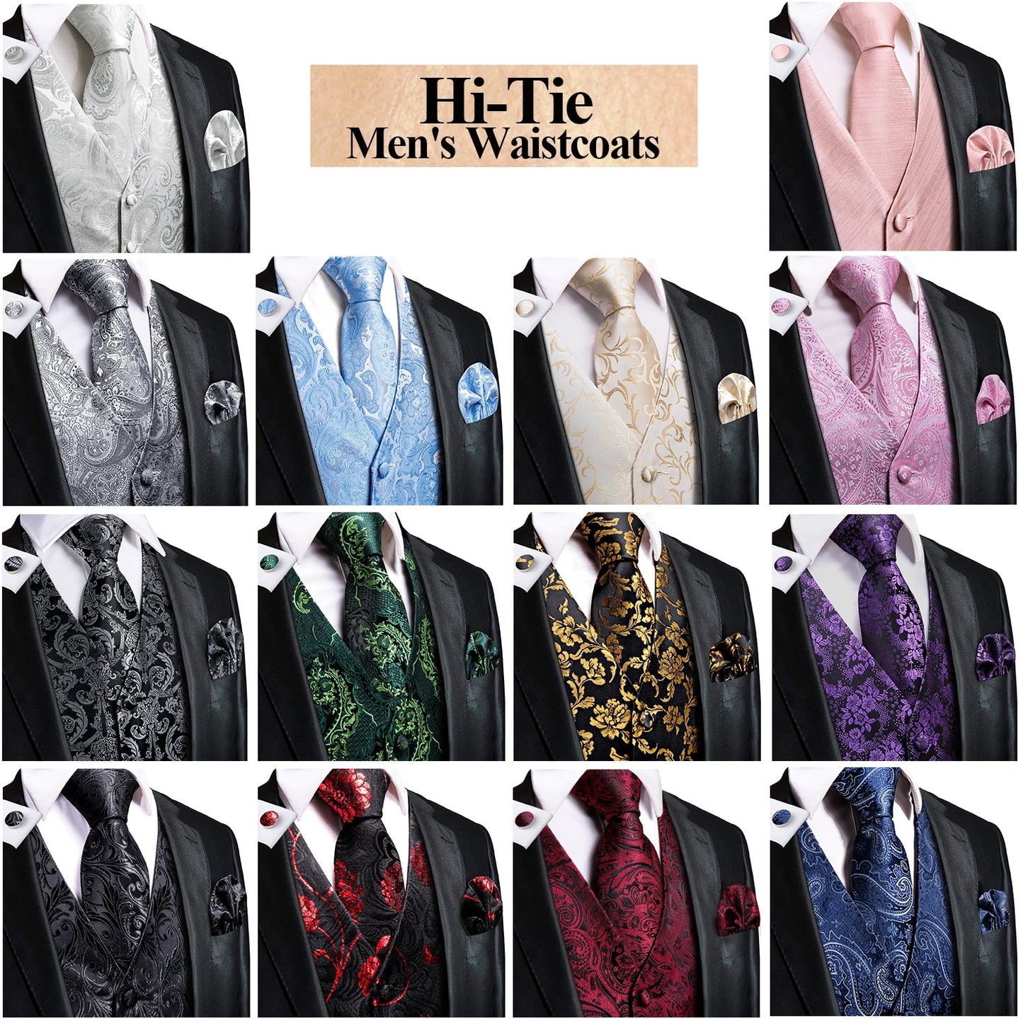 Men Suit Vest Hi-Tie Solid Voilet Lilac Silk 4PC Woven Waistcoat Tie Pocket Square Cufflink Business Wedding Dress Waist Jacket