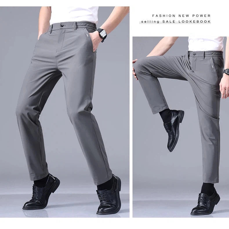 Men's Pants High Elastic Ultra-thin Casual Business Straight Slim Trousers Breathable Classic Black Gray Male Brand Pant