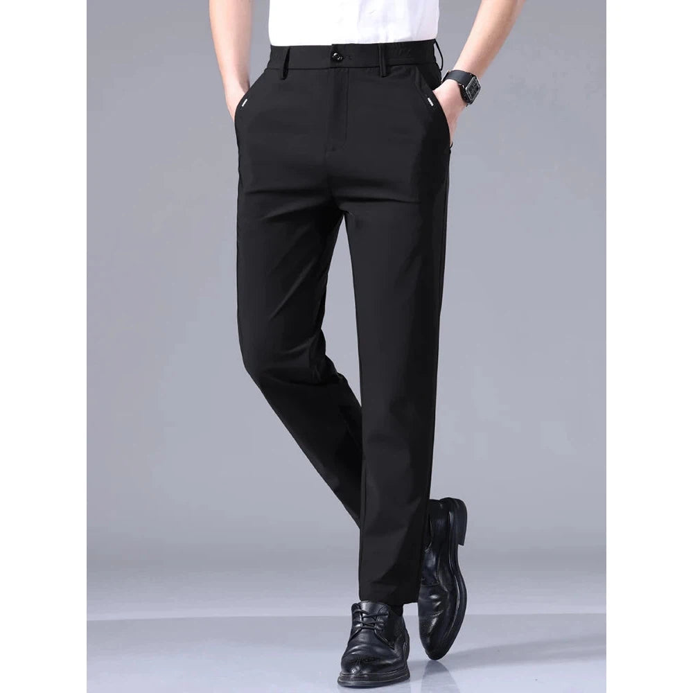 Men's Pants High Elastic Ultra-thin Casual Business Straight Slim Trousers Breathable Classic Black Gray Male Brand Pant