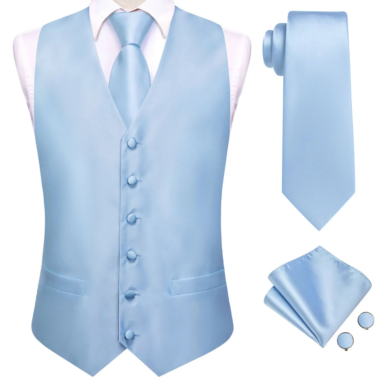 Men Suit Vest Hi-Tie Solid Voilet Lilac Silk 4PC Woven Waistcoat Tie Pocket Square Cufflink Business Wedding Dress Waist Jacket