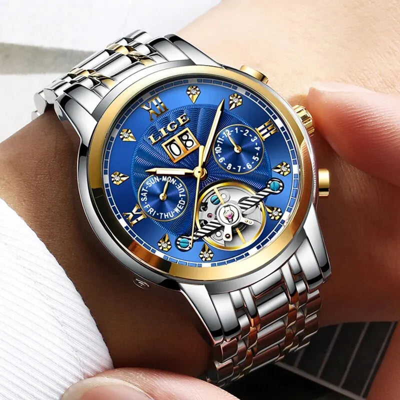 LIGE 2024 Top Brand Luxury Tourbillon Watch Men Fashion Sport Men's Mechanical Wristwatches Casual Waterproof Automatic Watch