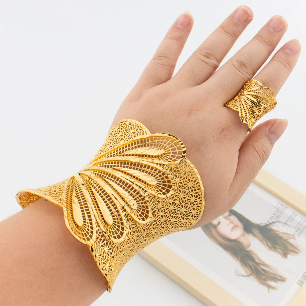 Golden Color Bangle and Ring Jewelry Set Large Size Cuff Bracelet and Ring Set