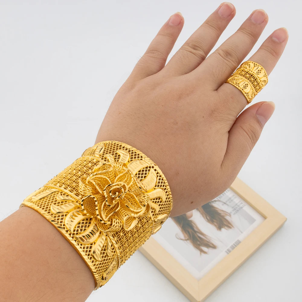Golden Color Bangle and Ring Jewelry Set Large Size Cuff Bracelet and Ring Set