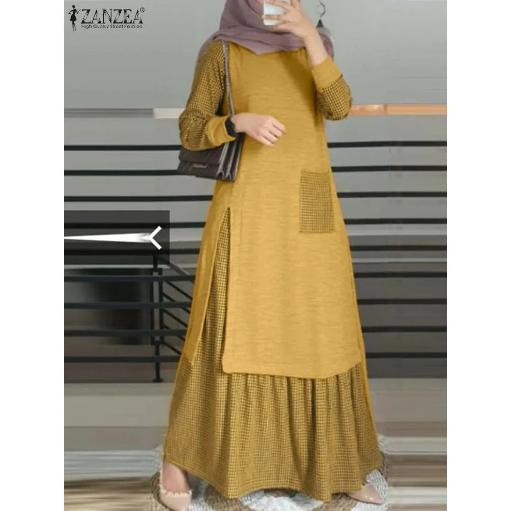 Abaya for Muslim Women Patchwork Long Sundress Robe ZANZEA Long Sleeve Vintage Muslim Plaid Dress