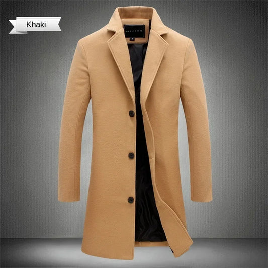 Long Cotton Coat New Wool Blend Jacket Spring Autumn Pure Color Casual Business Fashion Men's Clothing Slim Windbreaker