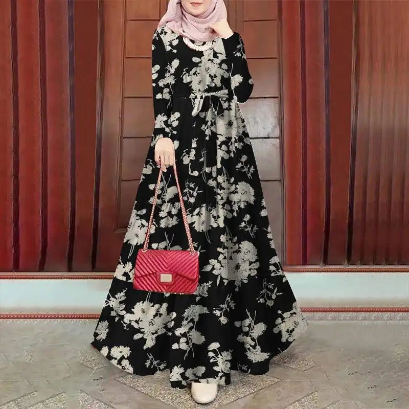 Women Muslim Abaya Long Dress ZANZEA Vintage Long Sleeve Floral Printed Sundress Marocain Eid Mubarek Ramadan Turkey Vestido