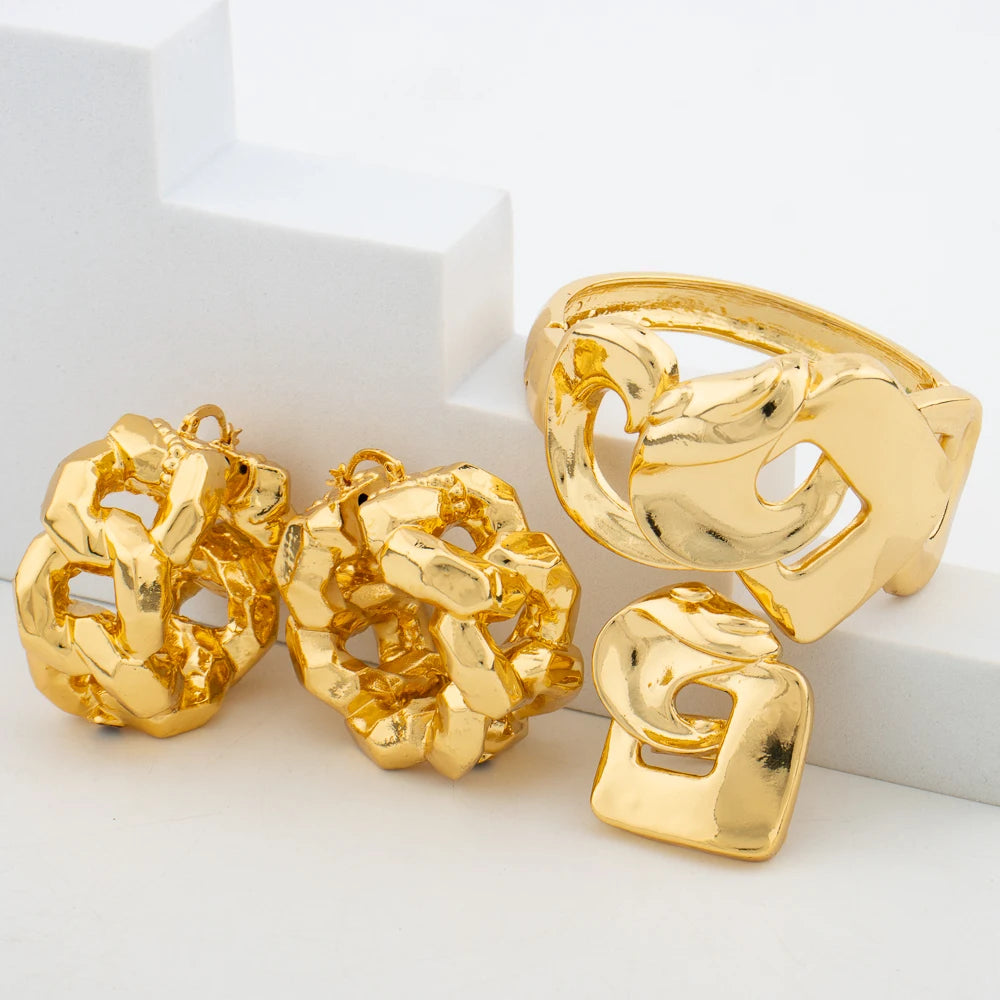 Golden Plated Dangle Earring and Bangle Ring Jewelry Set Bride Jewelry Set