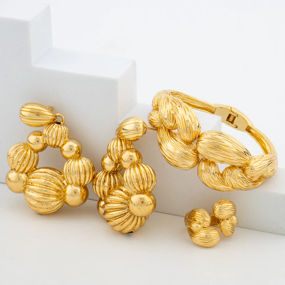 Golden Plated Dangle Earring and Bangle Ring Jewelry Set Bride Jewelry Set