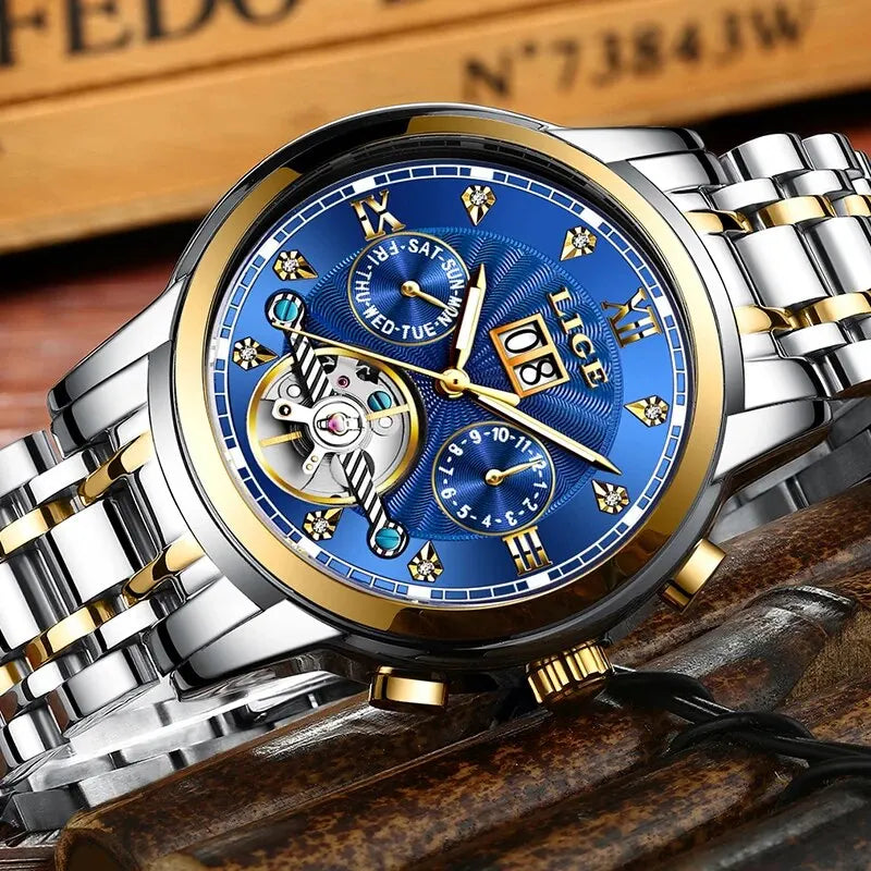 LIGE 2024 Top Brand Luxury Tourbillon Watch Men Fashion Sport Men's Mechanical Wristwatches Casual Waterproof Automatic Watch