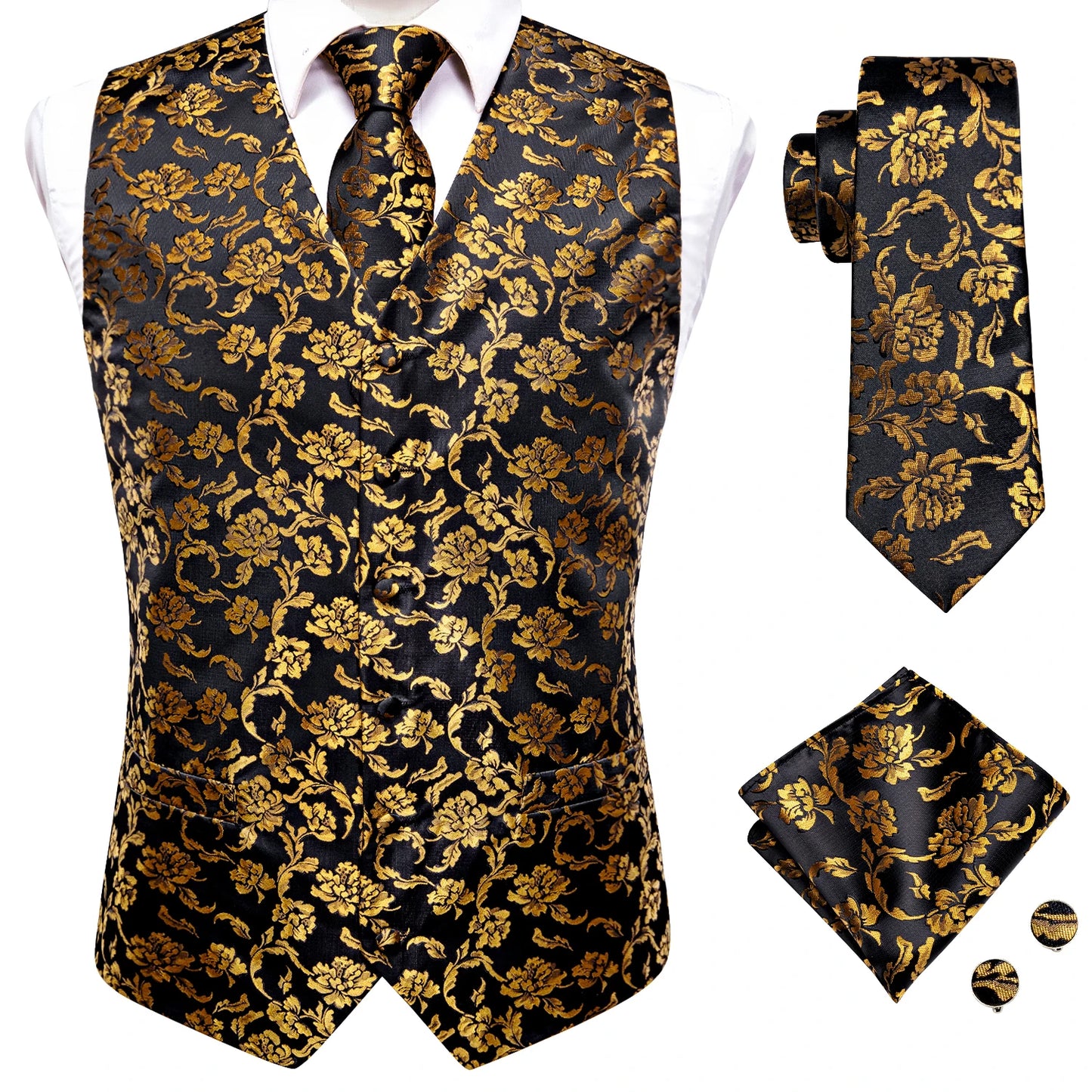 Men Suit Vests Hi-Tie Silk 4PC Woven Floral Black Waistcoat Tie Pocket Square Cufflink Business Wedding Dress Waist Jacket