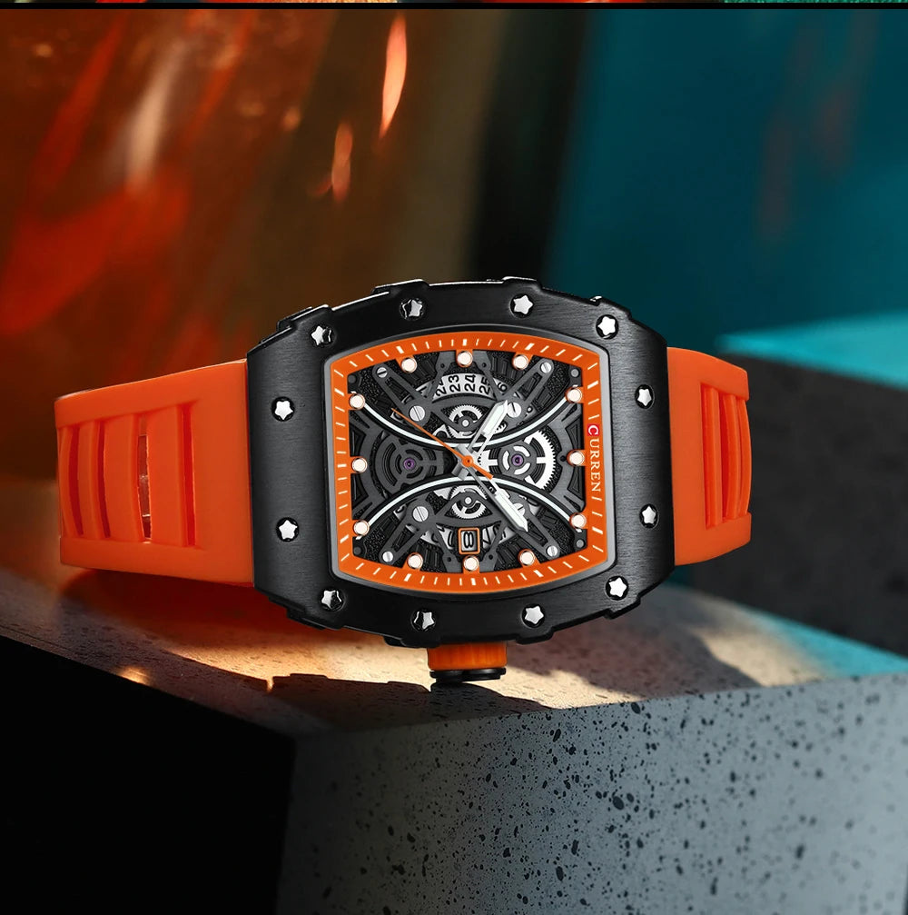 Men Quartz Watches CURREN 3D Stainless Steel Watches Waterproof Silicone Strap Wristwatch