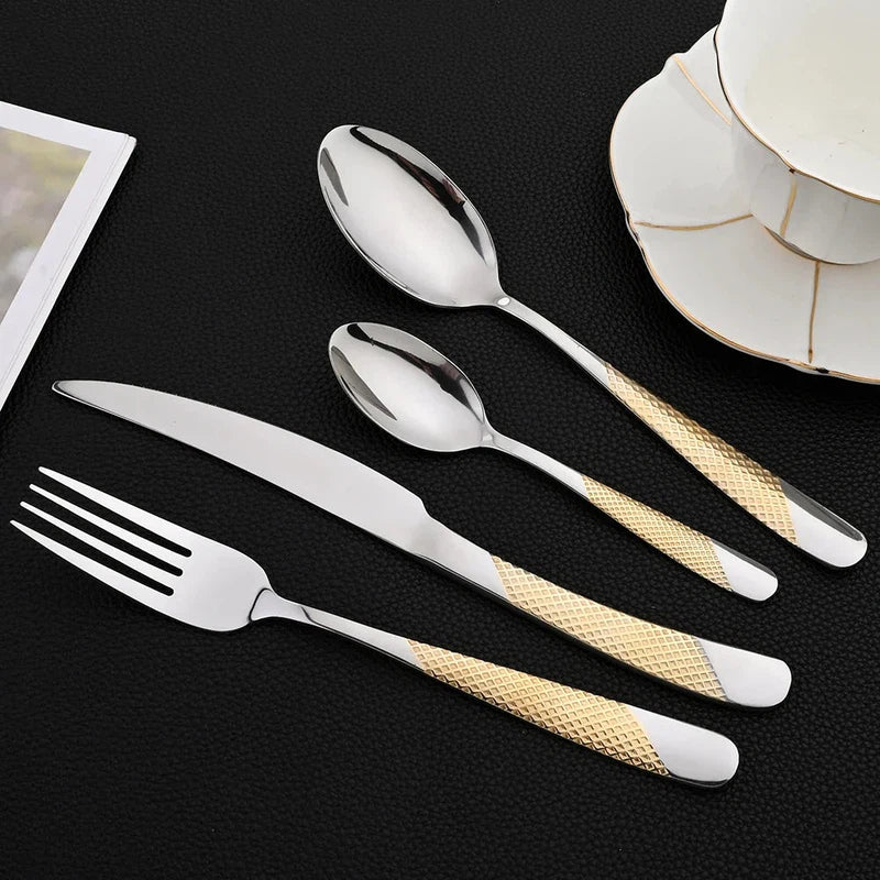 24-piece stainless steel tableware set with knives, forks, spoons on a black background.