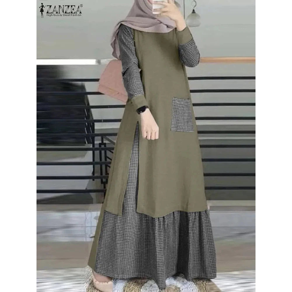 Abaya for Muslim Women Patchwork Long Sundress Robe ZANZEA Long Sleeve Vintage Muslim Plaid Dress